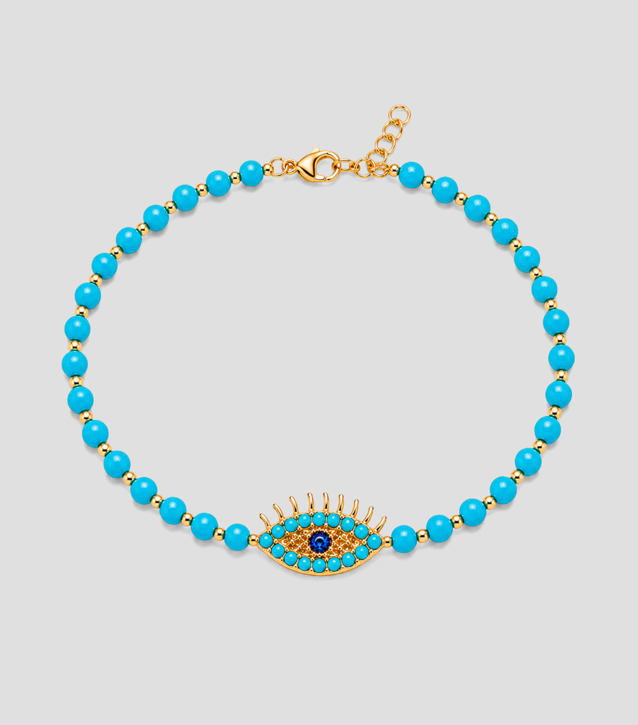 Pulsera turquesa con cuentas esféricas y dije de ojo turco calado Mujer